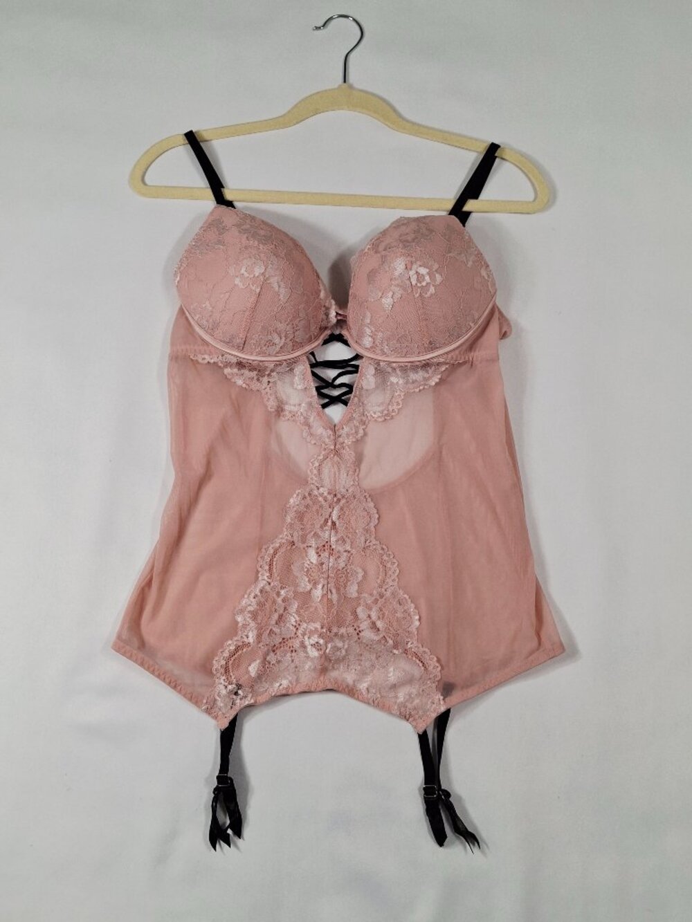 La Senza Pink XL Lingerie Push-Up Bustier Plunge Cups Lace & Mesh Adjustable Bra